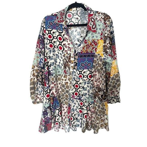 For The Republic Tunic Blouse Elephants Patchwork Whimsy Artsy Boho Plus Size 1X - Picture 1 of 7